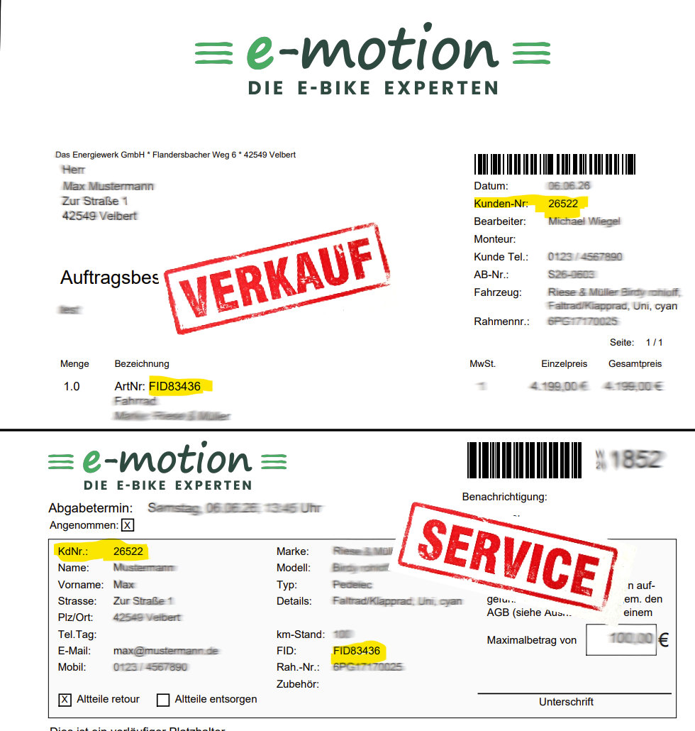 Beispiel einer e-motion Rechnung mit markierten Feldern f&uuml;r FID und Kundennummer